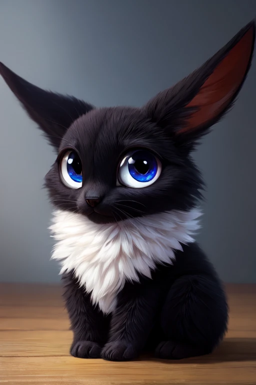 a beautiful animal, black in color, with big eyes,fluffy,long ears