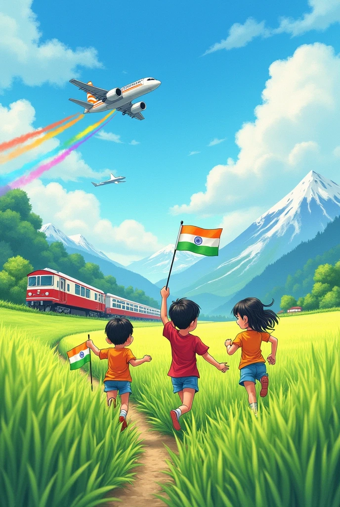 Portrait illustration,hd, ,jingxuan summer background, Pencil colour Art style, jingxuan summer days, kids running towards a green rice field facing its back side with each holding small National flag of India. In the Blue sky with white clouds a jet is flying and showing an Air Show of Rainbow colours.little bit far from the field a train is passing towards a snow capped Mountain.
