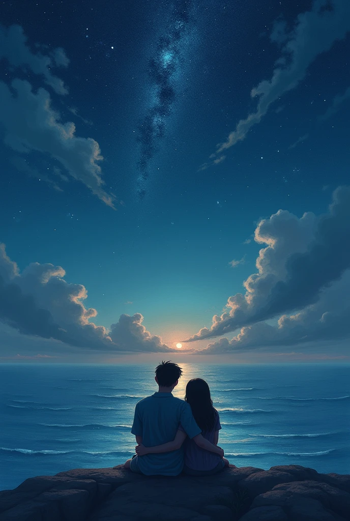 Love story of two people sitting close to the sky, stars, sea and goodbye