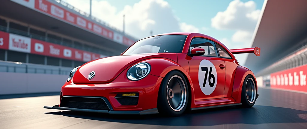 a Volkswagen Beetle model car, cherry red color,  with the number 76 on the door and a youtube banner on a race track

needs to have a youtube banner on the track

virtual reality glasses


