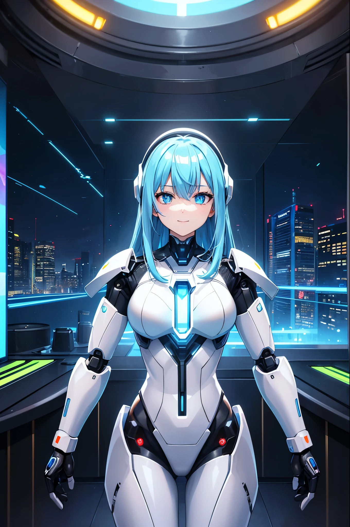 masterpiece, high quality, Absurd,High resolution,32K, One person, Reflective plate,refraction:1.4,Ultra-fine:1.4,(High resolution,RAW Photos(Cyberpunk characters:1.3),(((Android Assistant,White body robot girl))),Blue Hair,Golden Eyes,An innocent face and an innocent smile ,Inside the laboratory,(Neon Light,Vivid Shine,Dynamic colors,Vivid contrast,Futuristic atmosphere,Electrical Energy,Glossy reflective surface)), Cowboy Shot, View your viewers, Highly detailed eyes, Stand in front