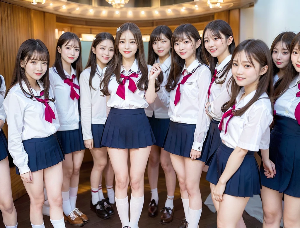 detailed、high quality、Beautiful outdoors　((Blue summer sky background))Neat and elegant(Perfect figure), Nogizaka46(Japanese Girls), ((Japanese Idols:1.3) (Five Girls:1.33), long, light brown straight hair, (The girl has a perfectly pretty face:1.5), A kind smile　(school uniform:1.3), (Very mini skirt:1.3), (Stand in a circle:1.67), (Looking down:1.28), (View from below:1.5)high quality, High resolution, solo, 