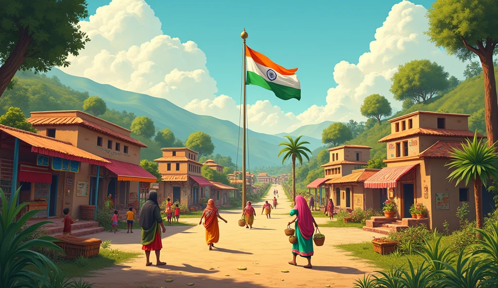 Make an indian village on loc with an indian flag on it With Independence Day 2024 Name
