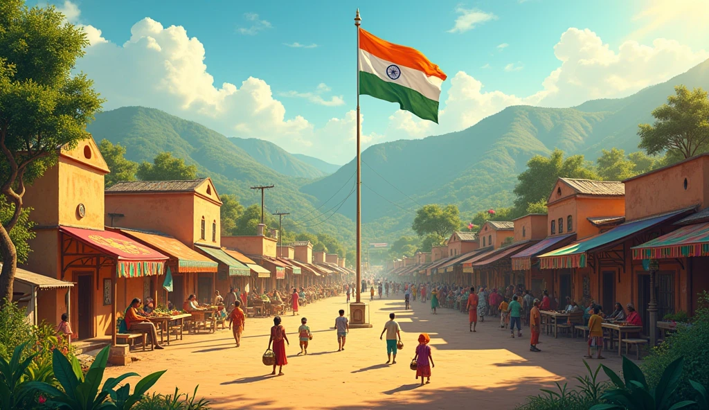 Make an indian village on loc with an indian flag on it With Independence Day 2024 Name
