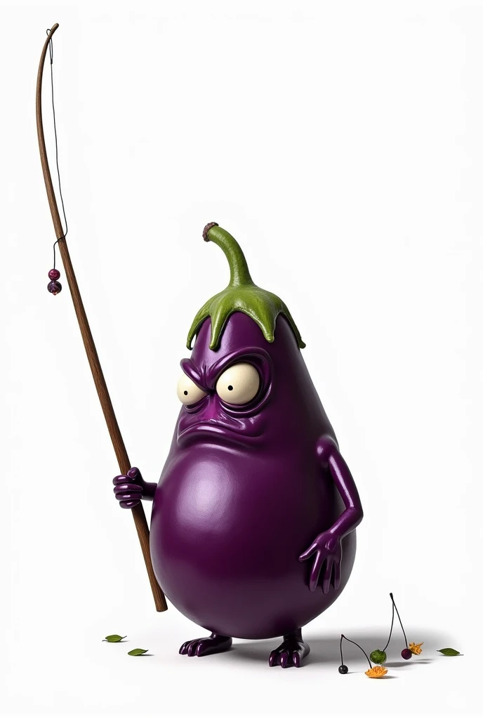 Bad eggplant with a fishing rod in hand, com o fundo branco