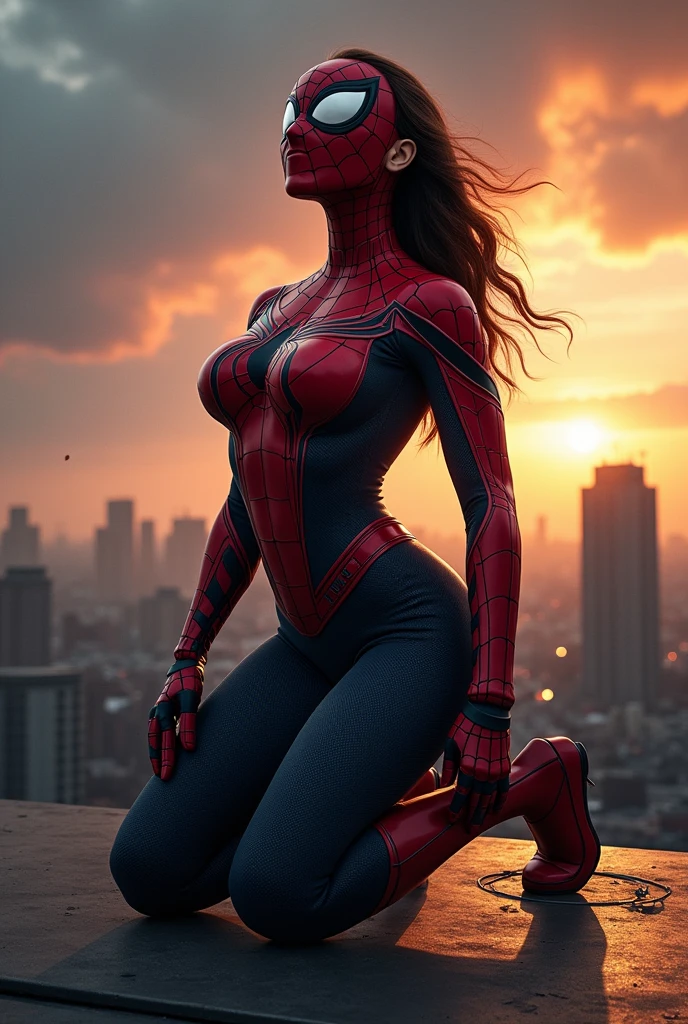 Spider girl, on her kness, strong spider girl, more stronger, look up to the sky 