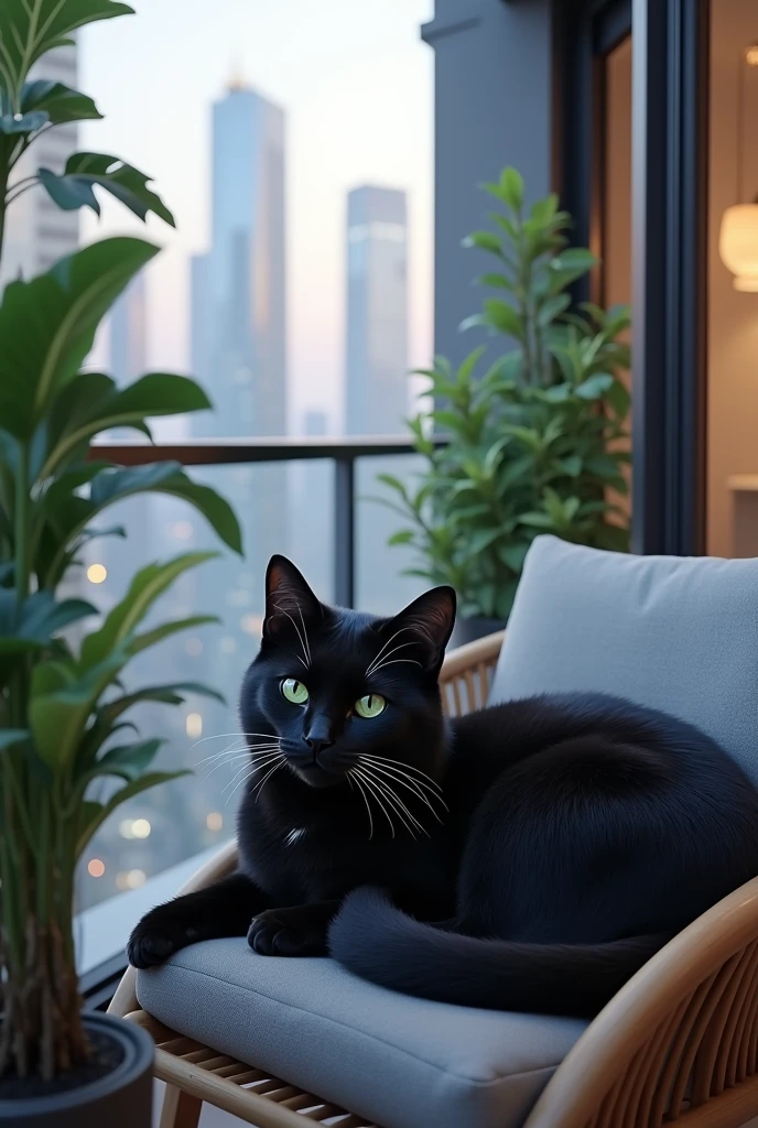 Black cat with green eyes lying on a balcony of a tall apartment