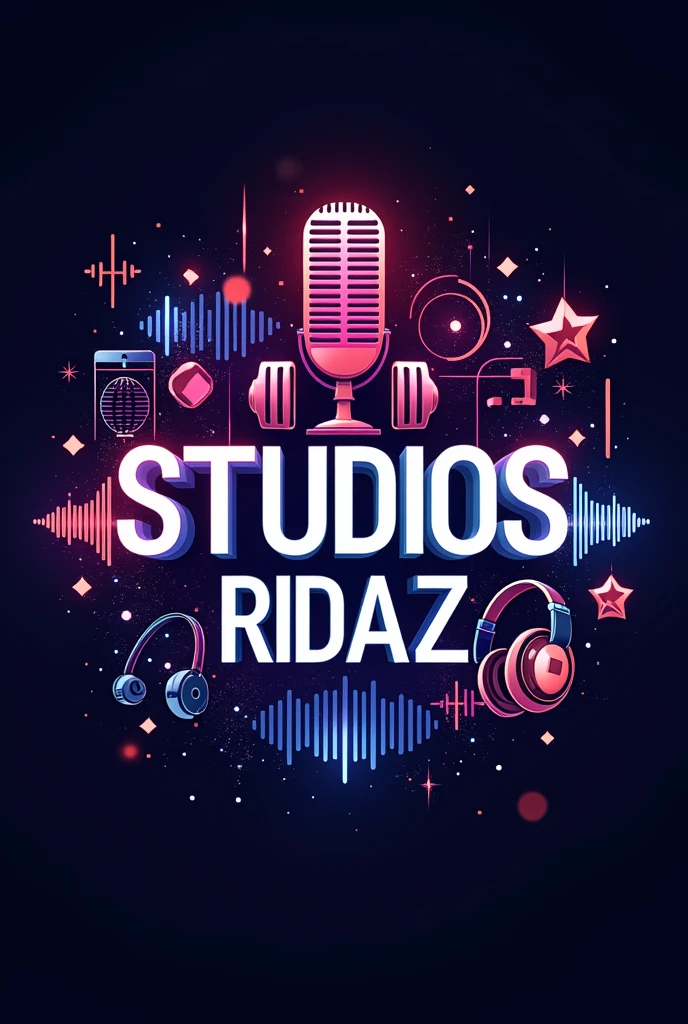 Can you make me a horizontal Facebook banner that says STUDIOS RIDAZ with a sound theme and audio production?, You can put frequencies, microphones or headphones to decorate