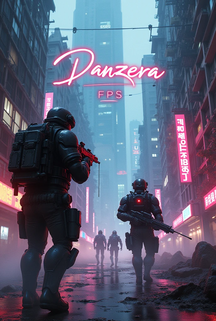 Generate an image in a video game setting, written ''Danzera FPS'' very large