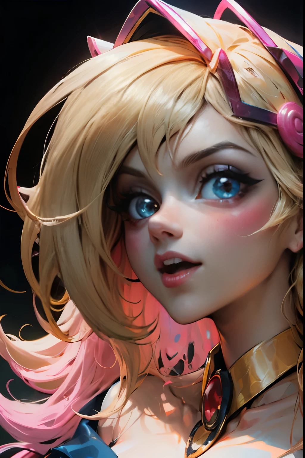 Beautiful face of dark magician gils. blue eyes. long and thick eyelashes. pink lips. white teeth. Gold arts. gold necklace. Long blonde hair. Pink blush on the cheeks. brio in the eyes. Glass and neon eyes. smile. coquette. half body shot. 