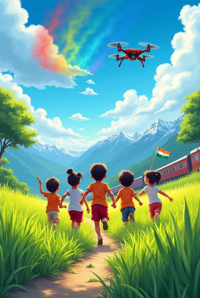 Portrait illustration,hd, ,jingxuan summer background, Pencil colour Art style, jingxuan summer days, kids running towards a green rice field facing its back side with each ??? holding small National flag of India. In the Blue sky with white clouds a drone is flying and showing an Air Show of Rainbow colours.little bit far from the field a train is passing towards a snow capped Mountain.