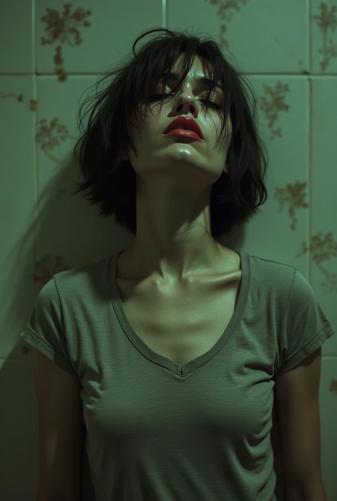 70s setting, grainy film, ultra-detailed, realistic, wallpaper, disheveled, desperate tremor, sexual exhausted, hard breath, loosing control, hazy look, sweat, desperation, t-shirt, void, abstract, red lips, noir, bob cut,