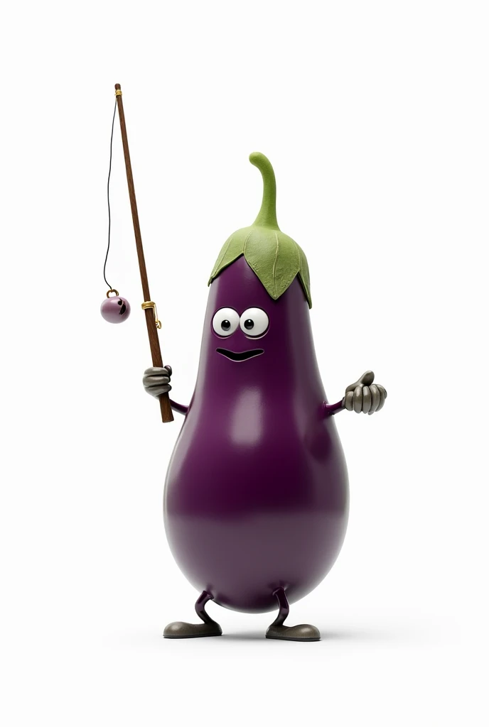 eggplant with a fishing rod in hand, com o fundo branco