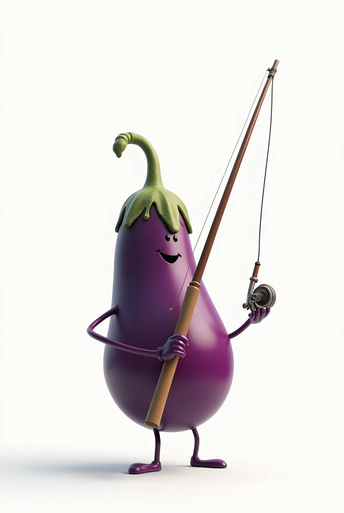 eggplant with a fishing rod in hand, com o fundo branco