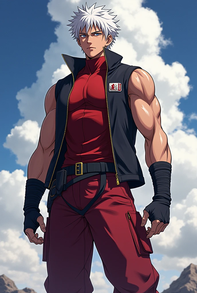 A dynamic illustration of Munashi Kurotani, a young yet imposing 15-year-old character standing at 203 cm with a muscular build. He has striking white hair and eyes that add to his intense presence. Munashi is dressed in a dark red, tight-fitting shirt made from special mesh fabric with a high collar and no sleeves, paired with slightly loose red combat pants. He wears dark-colored ninja sandals and a sturdy, zipped combat jacket over the shirt. His hands are wrapped in bandages, and both legs have hip pouches with additional bandages wrapped around them. Capture him in a reflective or intense training pose, showcasing his immense physical strength. The overall mood should convey his formidable presence with anime, webtoon, and manga art styles