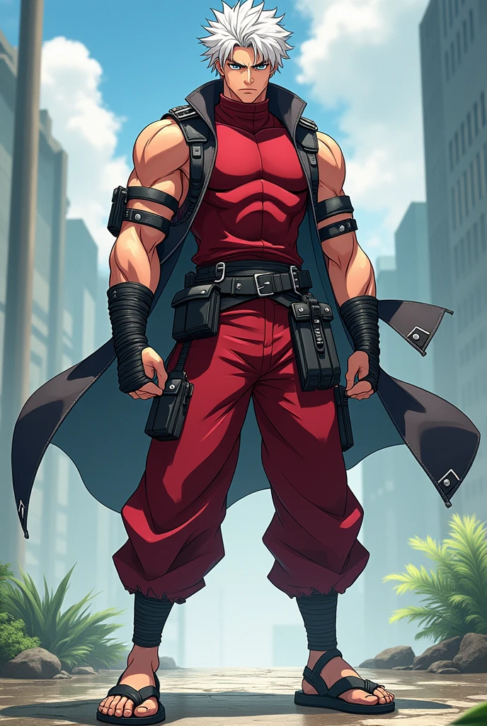 A dynamic illustration of Munashi Kurotani, a young yet imposing 15-year-old character standing at 203 cm with a muscular build. He has striking white hair and eyes that add to his intense presence. Munashi is dressed in a dark red, tight-fitting shirt made from special mesh fabric with a high collar and no sleeves, paired with slightly loose red combat pants. He wears dark-colored ninja sandals and a sturdy, zipped combat jacket over the shirt. His hands are wrapped in bandages, and both legs have hip pouches with additional bandages wrapped around them. Capture him in a reflective or intense training pose, showcasing his immense physical strength. The overall mood should convey his formidable presence with anime, webtoon, and manga art styles