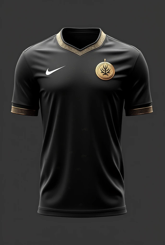 Create a 3D render of a sleek, modern football jersey for the Eritrean national team with a focus on a stylish and sophisticated design. The jersey should be primarily black, exuding a bold and contemporary feel. The base color should be a deep matte black, while a pattern of small, subtle camels—an homage to Eritrea’s cultural heritage—should be spread across the entire jersey. These camels should be a slightly lighter shade of black, creating a distinct but understated contrast that becomes more visible as the light hits the fabric.
Incorporate these camels into the fabric in a repeating pattern, ensuring they are small and evenly spaced, giving the jersey a unique texture without overwhelming the design. The Eritrean national emblem—a golden olive branch within a circle—should be prominently placed on the left chest, providing a striking contrast against the dark background.
To add a touch of color while keeping the overall look minimalistic, the collar and sleeve cuffs should feature a thin trim in metallic gold, adding a hint of elegance. The collar should be a modern, rounded V-neck, designed for comfort and style.
The player’s number on the back should be in a bold white font, with a subtle gold outline to make it pop against the black background. The jersey should have an athletic, slim fit, made from high-performance fabric that has a slight sheen, emphasizing its modern and premium quality. The overall design should balance tradition with innovation, making it both eye-catching and respectful of Eritrea’s cultural symbols.