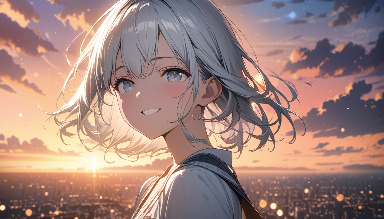 ((ultra-detailed))/(one women with short white hair and bob hair.、beautiful silver eyes,.、smile、gentle smile on her face、flat chest, one Beautiful girl,((masterpiece, illustration, best quality) ((ultra-detailed))/),Floating in the sky, clouds, close, bright, smile,sunset, Warm and soft lighting,,濃い青とBeautiful Blueのグラデーション, High resolution, 8K HD detail, hyper-detail, cinematic, surrealism, soft light, deep field focus bokeh, ray tracing and surrealism. --v6'