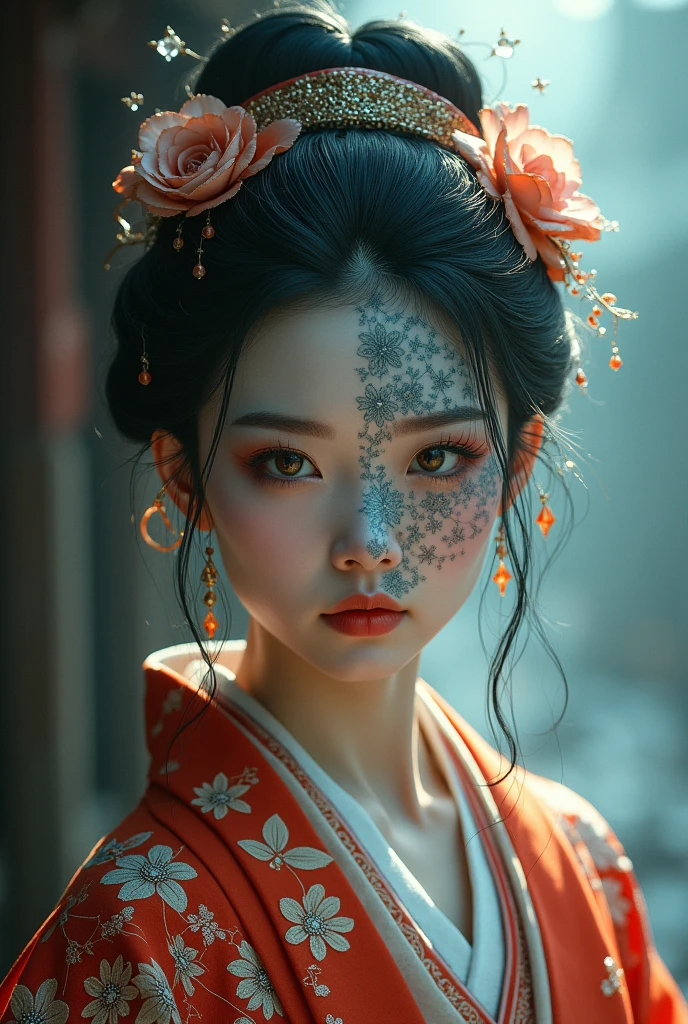 kimono、Beauty、Half-demon、beautiful、kimono、Ancient Japan、scared、Half of his face is a ghost.