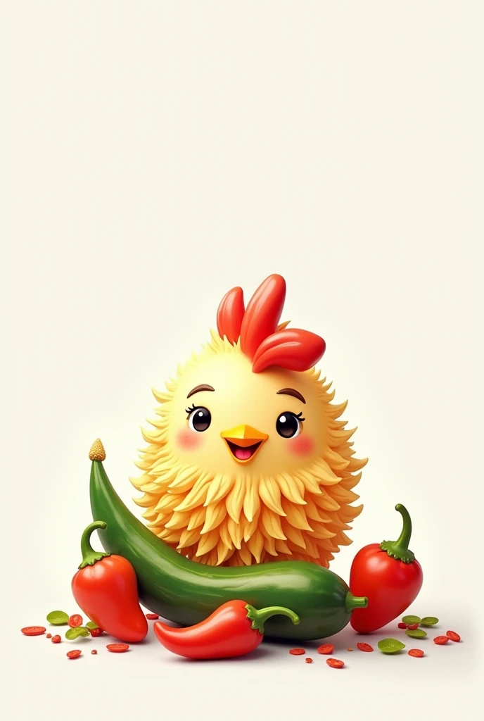 egg picture ornament, curly haired chicken, cucumber, and cute chili peppers with white background