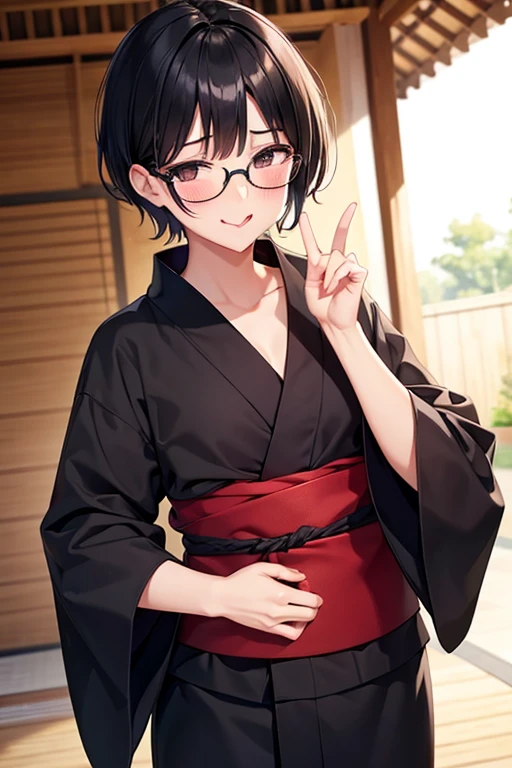 Black hair
Black-rimmed glasses
Short
Yukata
Flat chest
Blushing face
Sticking out tongue
Mature