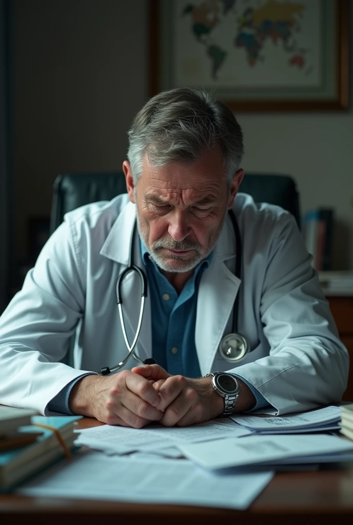 Image of a 40-year-old doctor crying with copious tears sitting in his private office with several bills on the table