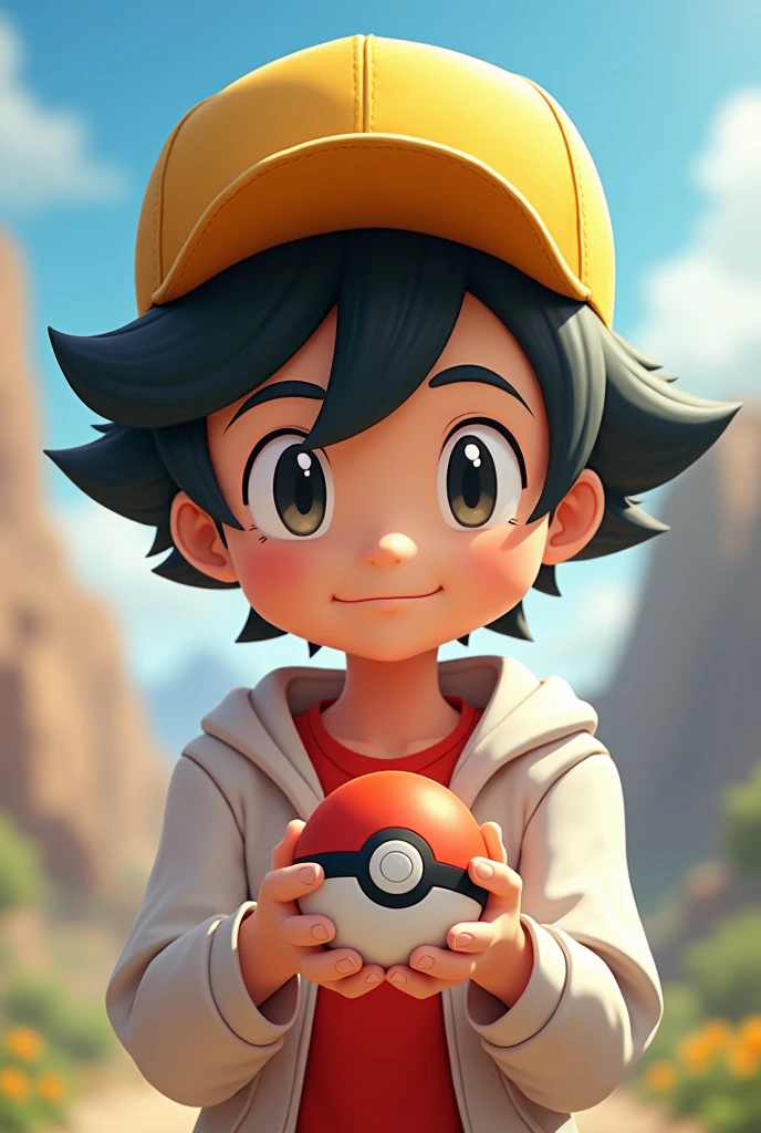 Make the image of a boy with a yellow cap facing backwards, with a fringe falling over his eyes, wearing a red outfit with a white hood and holding a pokeball