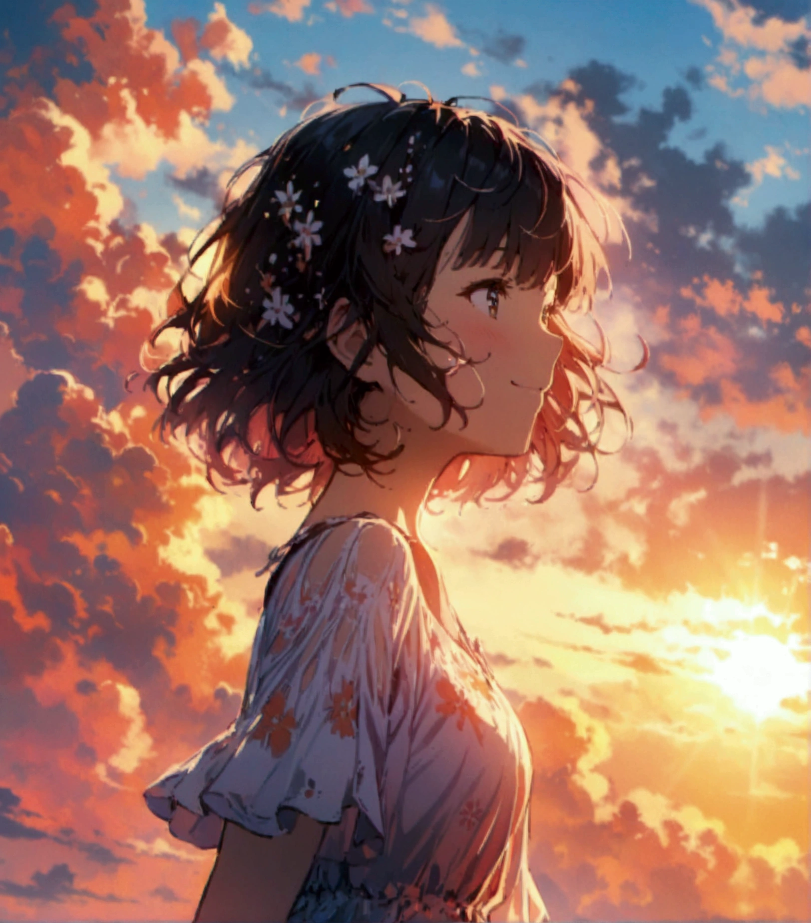 masterpiece, highest quality, Movie stills, One girl, Cloud Girl, Floating in the sky, close, bright, Happy, Warm and soft lighting, sunset, (spark:0.7)