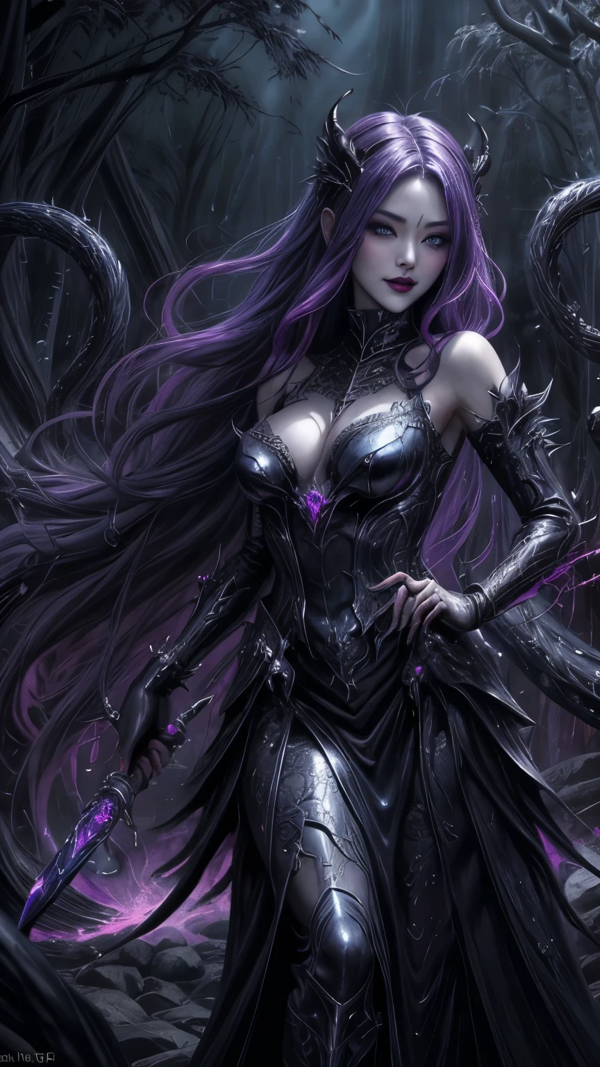 強力なスーパーevil女がクローズアップでポーズをとる, Black Goddess (Exposing shoulders), length, Flowing purple hair, View your viewers, Highly detailed face, Perfect hands, Blue smoke swirling around her, evil事を愛する, Captivating blue eyes, Dark fantasy, Genuine, Symmetric, Attention to detail, Esoteric arachnids lady, Spider Queen Elise, League of Legends, Esoteric arachnids, Combat Stance, ( body formed from metallic mauveine and metallic black liquid metallic paint twisting into a beautiful interpretation of the female figure), length, Sharp Fangs, nature, ((Complex metallic colors in the foreground)), (( Fluid Mechanics, The most beautiful smooth scale face makeup, Smirking expression)) - Dark blood, Onyxia、Noir painting of a beautiful young witch, length purple hair, dark purple lips, evil, evil female, smile, Black Prom Dress, She is coming to you, close, Bright Blue Eyes, Surrounded by swirling pink smoke, Genuine, Attention to detail, Highest quality、A beastly demon wields a vicious blade, Blood Chain, Behemoth Bones, Snake-like tentacles, Cruel Teeth, Expressions of madness, Oppressive Dungeon. 8K Vision Reveals Fear, Ultra HD detail makes monsters stand out, Grotesque shadows dance, The creature whispers, Stifling atmosphere, Vision problems, Visible Madness. blade, evil意の閃光が輝く, reflect (Light) Beyond the Darkness, Elucidate (Sharp details) and、Add a dizzying dimension to the impending chaos.