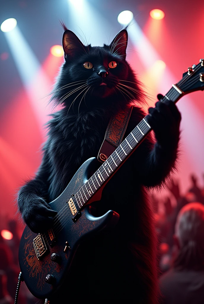 long haired black cat with electric guitar at rock concert