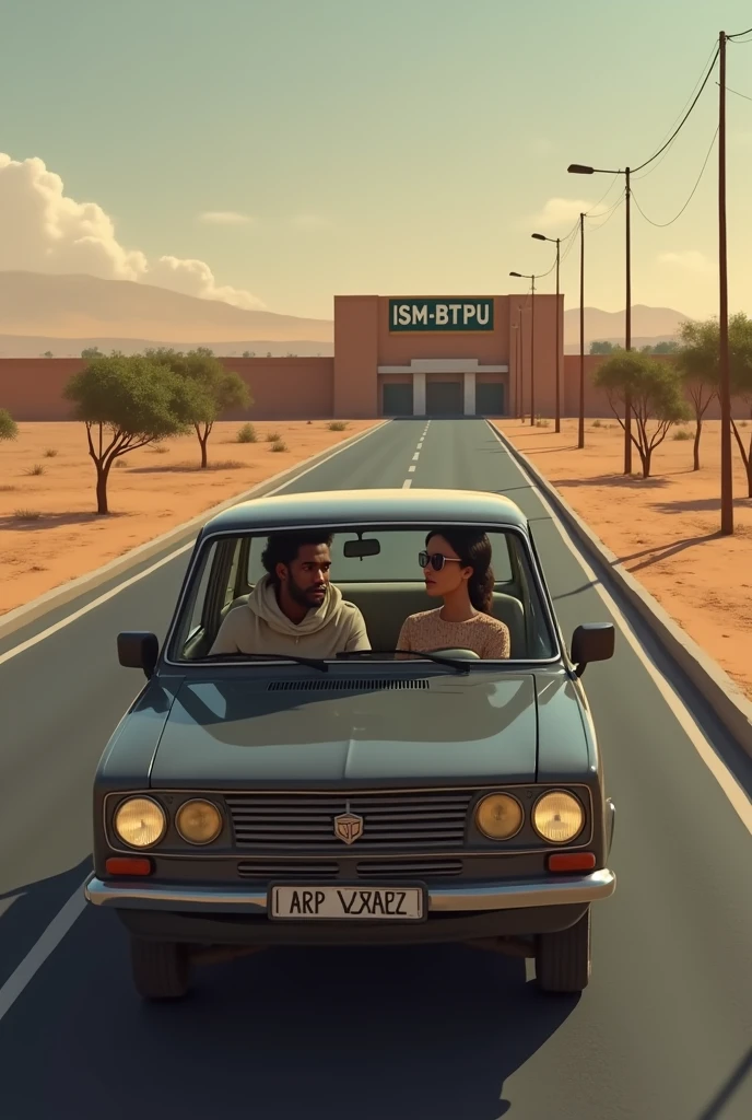 A dark-skinned young man is driving the car with his wife who wears corrective glasses, they are traveling in Mauritania and their beautiful young daughter is riding in the back.
They are passing by an institute that teaches civil engineering called "ISM-BTPU", Where they used to study in the past and felt nostalgic as they looked at it .
This institute is located five kilometers outside the Mauritanian city of Akjoujt and consists of classroom buildings surrounded by brown walls..
This institute is the only building in that area and it is a little far from the sidewalk on the left side..
The pavement is black with white lines and there are no trees, so the pavement and the institute are far away.
The wife is Muslim.
The institute has "ISM-BTPU" written on it.
It is large.
Then the wife starts to beat her husband severely.