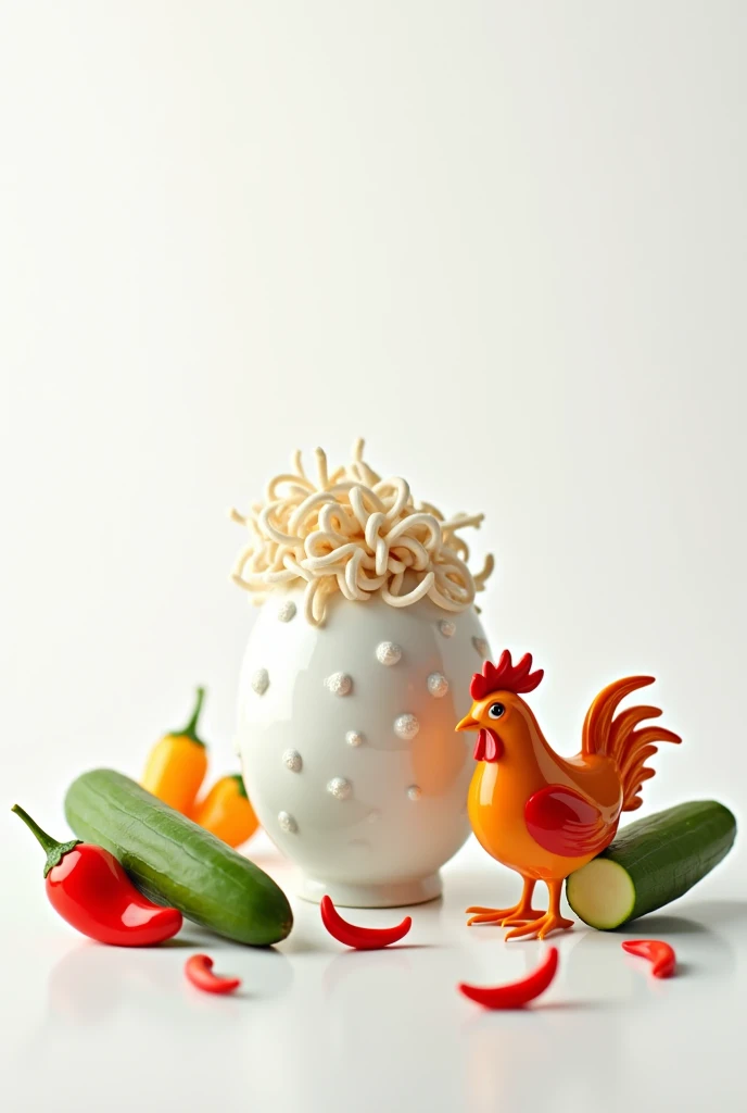egg picture ornament, curly haired chicken, cucumber, and cute chili peppers with white background