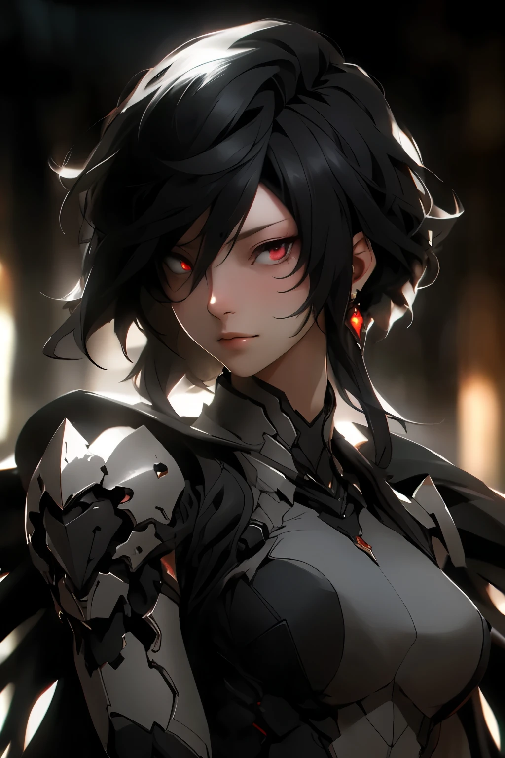 ((best quality)), ((Masterpiece)), (details:1.4), 3d, HDR (high dynamic range), an image of a beautiful cyberpunk female, Asymmetrical lob, Black hair, Red eyes, จมูกโด่ง, ปากแดง, หน้าอกใหญ่, nvidia RTX, PBR surface, After processing, Anisotropic filtration,depth of field, Maximum clarity and clarity, multi-layered surface, Subsurface scattering, perfect proportions, 8K raw files, ความละเอียดสุดยอด, Unreal 5, Perfect proportions, Octane Render, Two-tone lighting, Wide aperture, Low ISO, รายละเอียดดวงตา, crusader, Heavy Black armor, jewely, ต่างหู