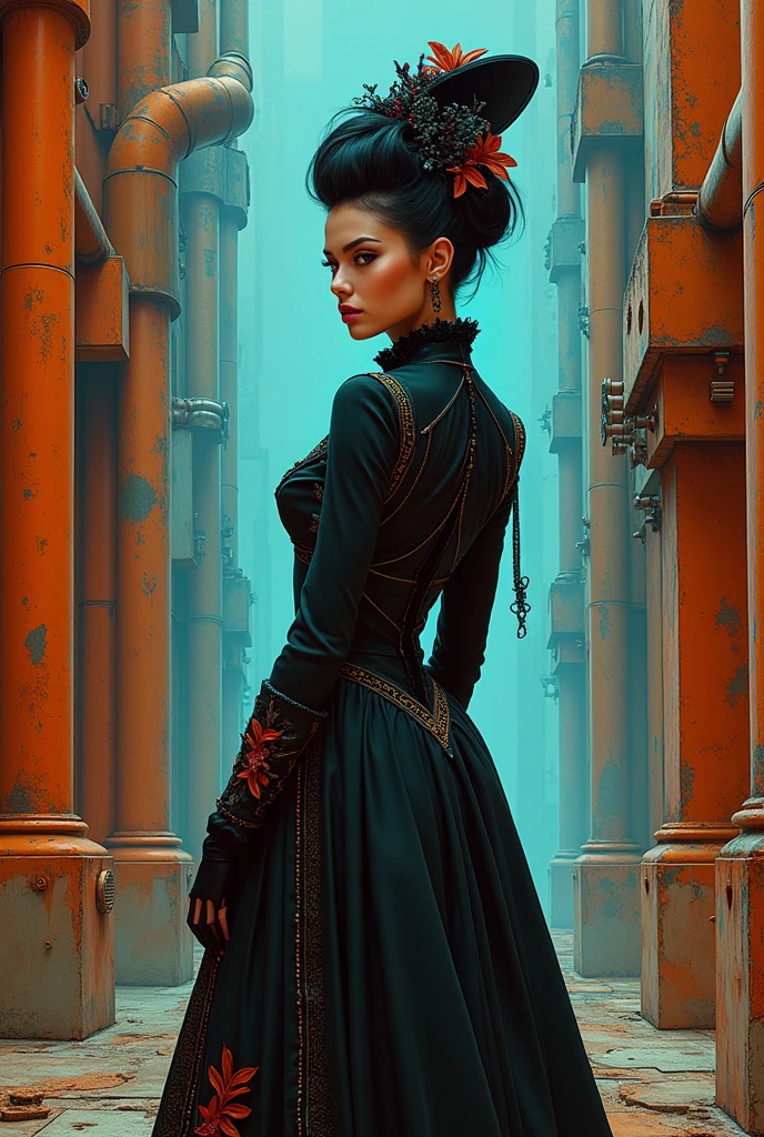 mistress dressed like a victorian universe, retro-futuristic 1980s analog photo, brutalist dieselpunk, bolts and piping, angular design, orange and blue, look disdainfully the viewer over her shoulder, highly detailed