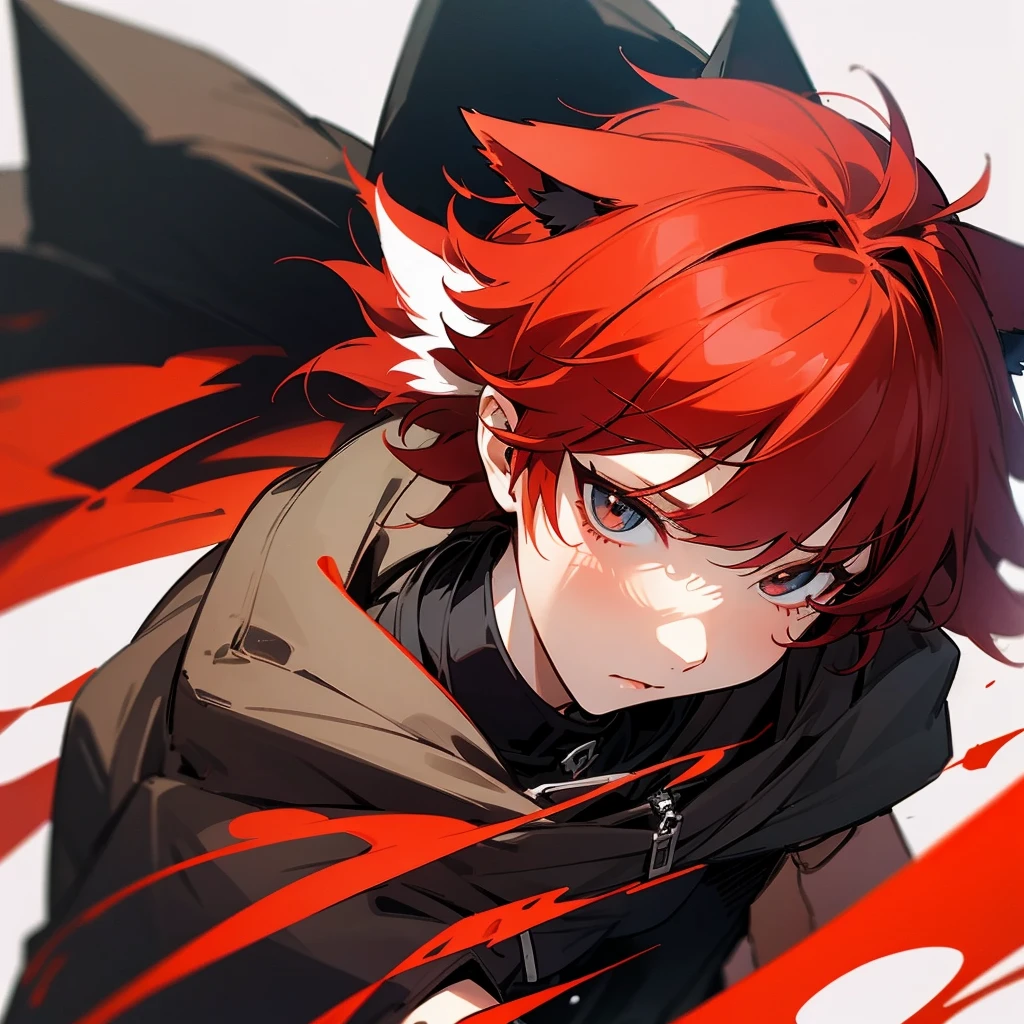 solo, Red hair, Medium Hair, Wolf Cut, Wolf Ears, Icon Style, juvenile