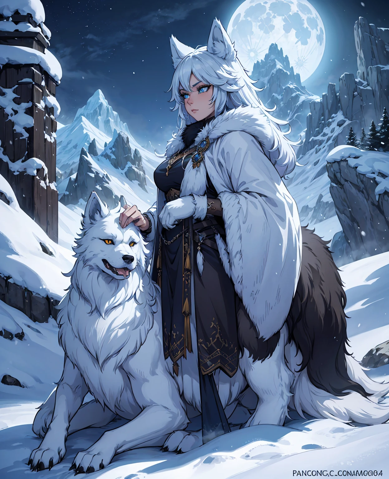A majestic snow wolf, detailed fur, piercing eyes, stunning winter landscape, snow-covered mountains, full moon, dramatic lighting, cinematic composition, fantasy art, digital painting, 8k, highly detailed, photorealistic