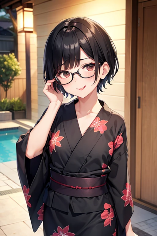 Black hair
Black-rimmed glasses
Short hair
Yukata
Flat chest
Emphasis on the chest
Blushing face
Sticking out tongue
Mature