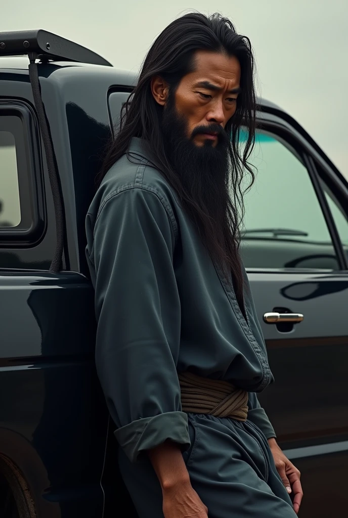 Japanese man with long hair and beard leaning against a black pickup truck