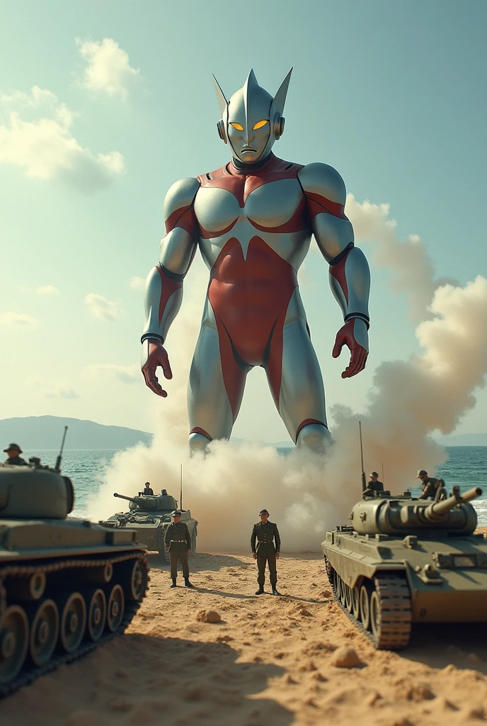 ultraman very high fart at army . army day bomb . sea, beach . everywhere lot of soldier in battlefield.world war 2. tilt shift photography. lot of war. tank.aircraft 1940. air drop