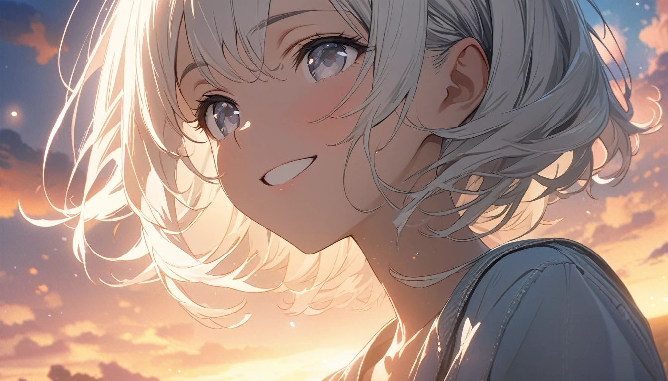 ((ultra-detailed))/(one women with short white hair and bob hair.、beautiful silver eyes,.、smile、gentle smile on her face、flat chest, one Beautiful girl,((masterpiece, illustration, best quality) ((ultra-detailed))/),Floating in the sky, clouds, close, bright, smile,sunset, Warm and soft lighting,,濃い青とBeautiful Blueのグラデーション, High resolution, 8K HD detail, hyper-detail, cinematic, surrealism, soft light, deep field focus bokeh, ray tracing and surrealism. --v6'