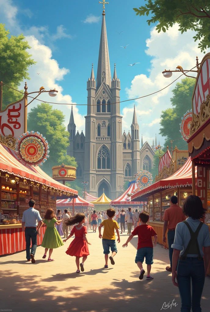 Drawing Fair with wheels and food sales, Children playing, church background,