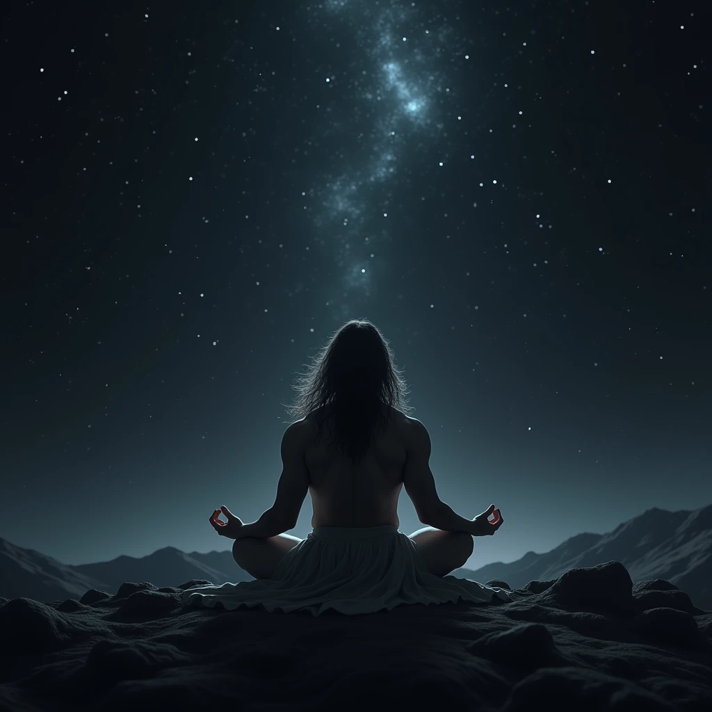 The black cosmos, In the distance, a man sits with his back to us, shirtless, with long hair, radiating light., only darkness and the twinkling of incomprehensible space objects surround him