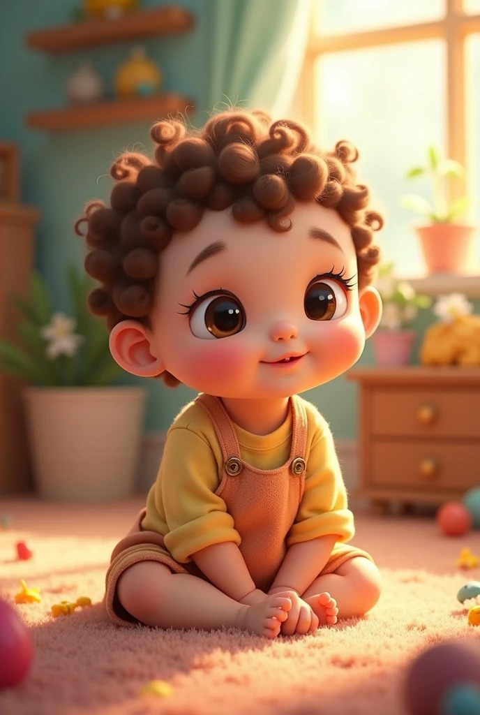 Baby with small, slanted eyes, very short and curly hair, brown hair and white skin, plumpness,wearing a really cute outfit, sitting on the floor playing in the Disney-esque style