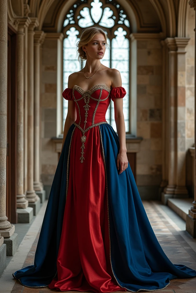 Woman in a red and blue Victorian dress with a corset in a full body shot at a monastery