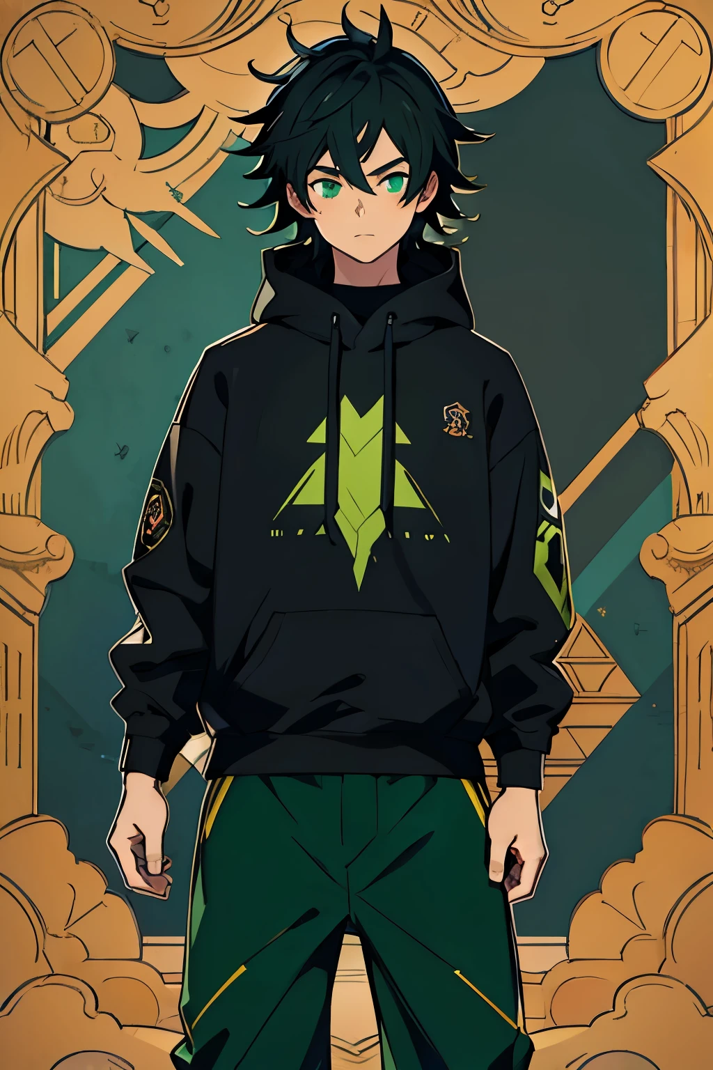 masterpiece, 8k, anime boy, black sweatshirt, hair black, green eyes, blue pants, detailed side