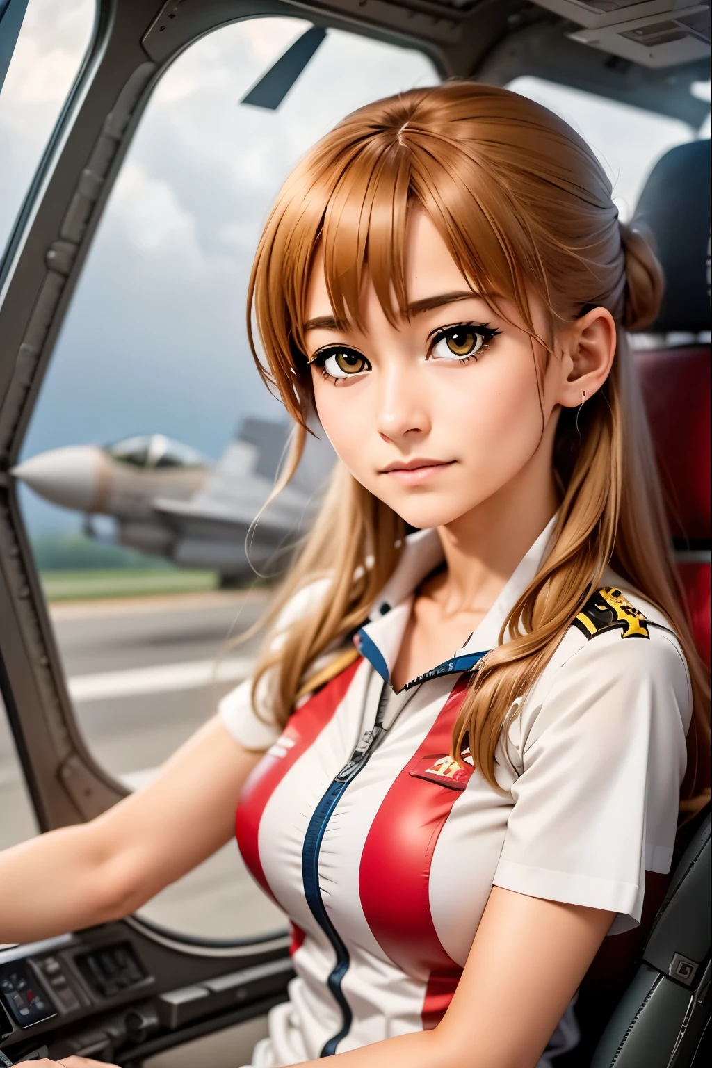 Taiga Aisaka F 35 pilot, Taiga Aisaka from the anime Toradora, inside a cockpit of an F 35 model fighter plane. Outside lightning, thunderbolts, storm clouds, aerial combat,
