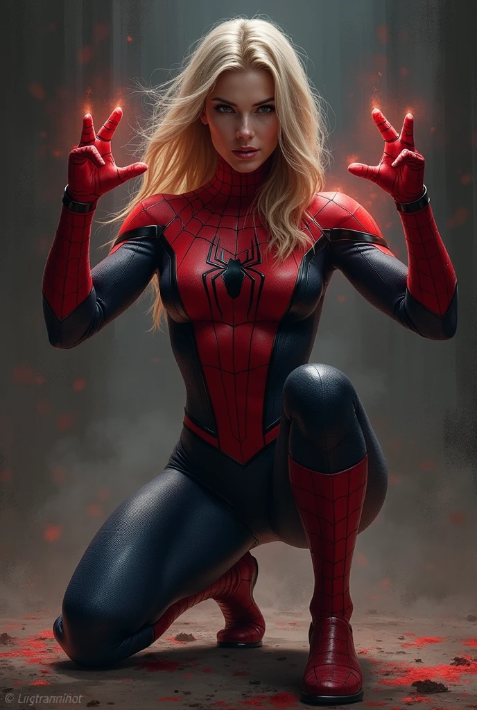 Spider girl, on her kness, strong spider girl, more stronger, hands up