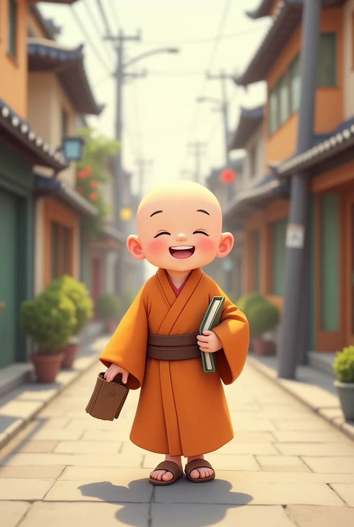 cute little people, closed eyes japanese, Grinning, with glasses , walking down the street alone, wearing the orange monk's robe and brown belt, baldie.
with glasses e somente um caminhando na rua com um livro na mao.
sandals on her feet
happy smile
closed eyes