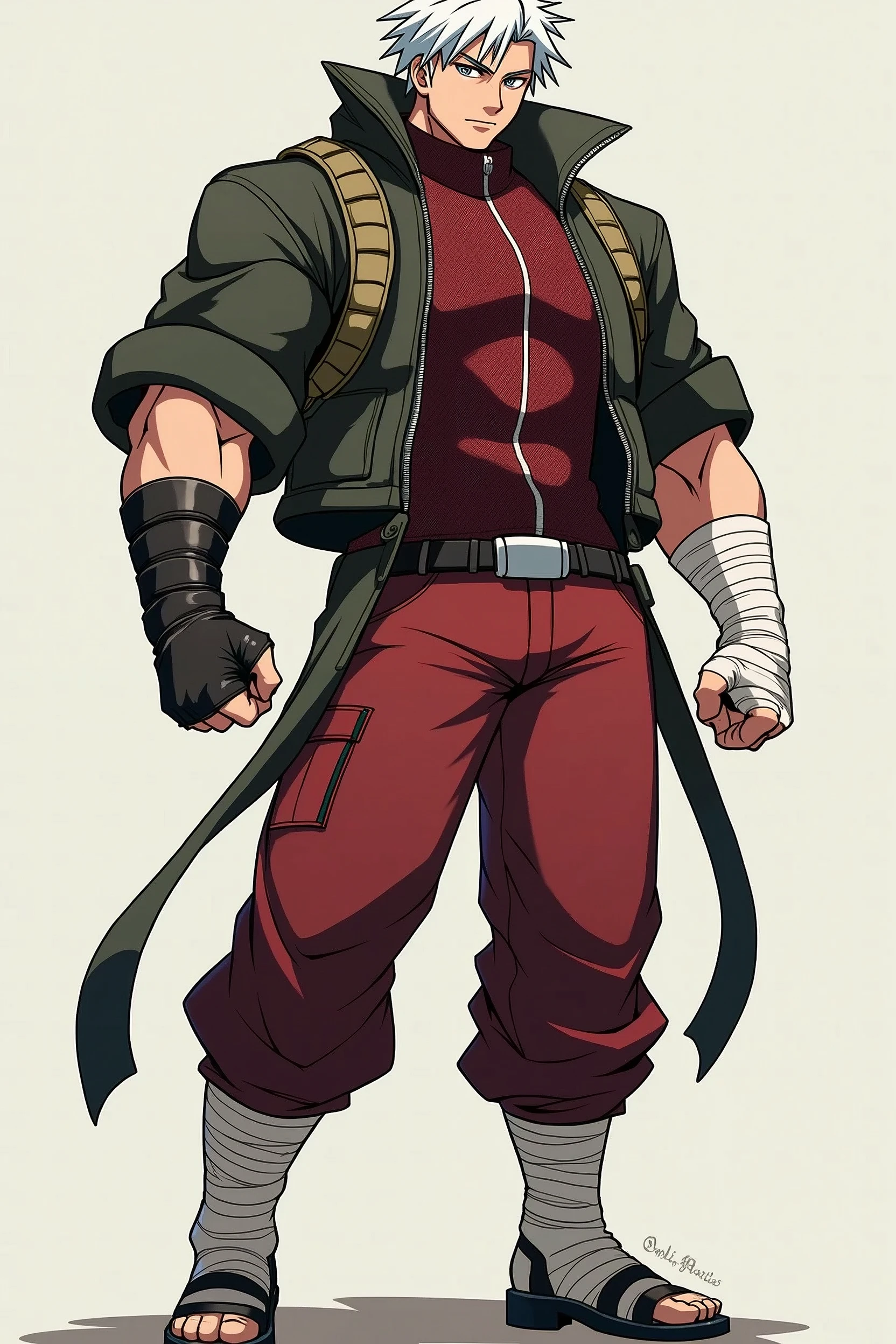 A dynamic illustration of Munashi Kurotani, a young yet imposing -yeld chcter standing at 203 cm with a muscular build. He has striking white hair and eyes that add to his intense presence. Munashi is dressed in a dark red, tight-fitting shirt made from special mesh fabric with a high collar and no sleeves, paired with slightly loose red combat pants. He wears dark-colored ninja sandals and a sturdy, zipped combat jacket over the shirt. His hands are wrapped in bandages, and both legs have hip pouches with additional bandages wrapped around them. Capture him in a reflective or intense training pose, showcasing his immense physical strength. The overall mood should convey his formidable presence with anime, webtoon, and manga art styles