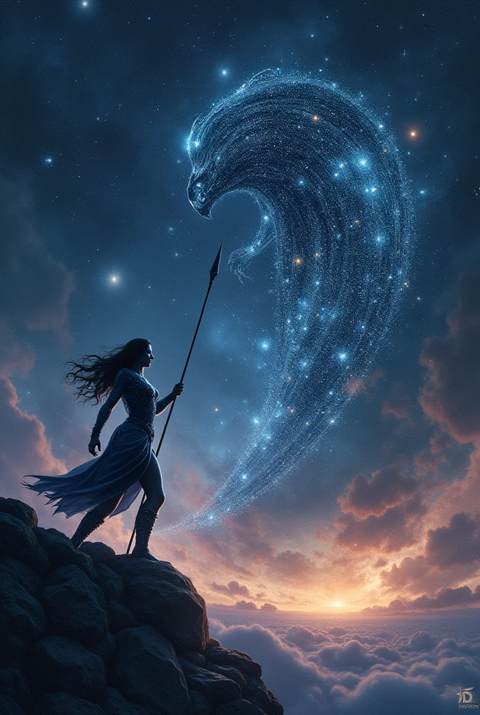 A constellation that resembles a woman wielding a spear and shield, battling a creature.